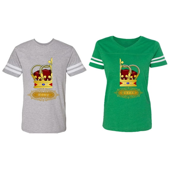 King Queen Red Gold Crown Matching Couple Cotton Jerseys (Men Heather / Women Green) (Men M / Women XL)