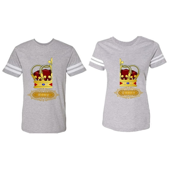 King Queen Red Gold Crown Matching Couple Cotton Jerseys (Men Heather / Women Heather) (Men S / Women L)