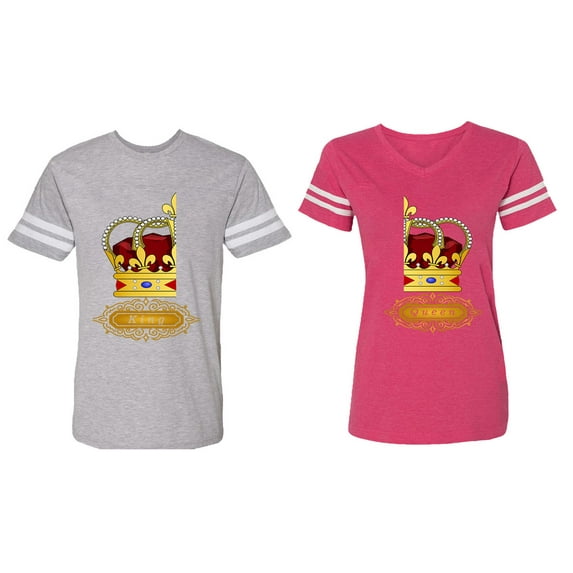 King Queen Red Gold Crown Matching Couple Cotton Jerseys (Men Heather / Women Pink) (Men M / Women L)