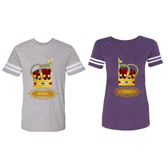 King Queen Red Gold Crown Matching Couple Cotton Jerseys (Men Heather / Women Purple) (Men M / Women S)