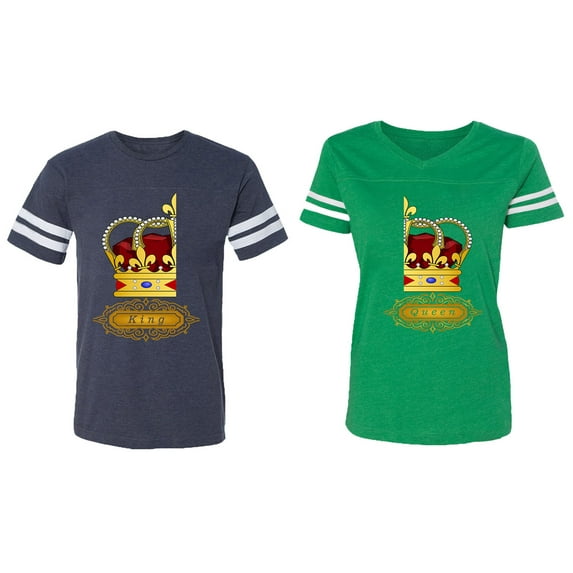 King Queen Red Gold Crown Matching Couple Cotton Jerseys (Men Navy / Women Green) (Men XXL / Women M)