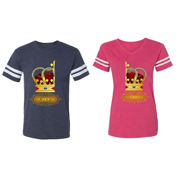 King Queen Red Gold Crown Matching Couple Cotton Jerseys (Men Navy / Women Pink) (Men XXL / Women S)
