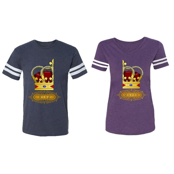 King Queen Red Gold Crown Matching Couple Cotton Jerseys (Men Navy / Women Purple) (Men XL / Women S)