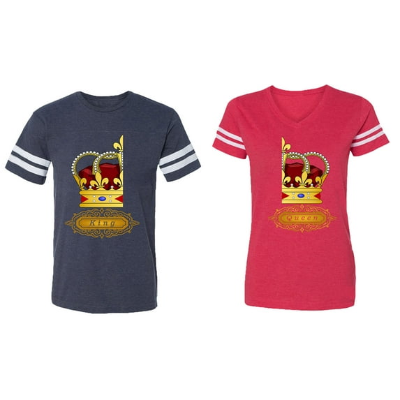King Queen Red Gold Crown Matching Couple Cotton Jerseys (Men Navy / Women Red) (Men S / Women L)