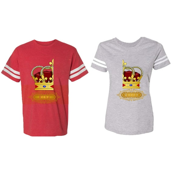 King Queen Red Gold Crown Matching Couple Cotton Jerseys (Men Red / Women Heather) (Men L / Women XL)