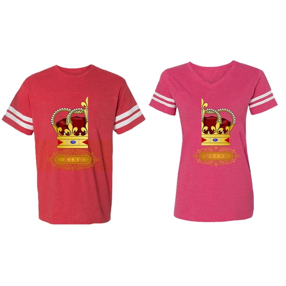 King Queen Red Gold Crown Matching Couple Cotton Jerseys (Men Red / Women Pink) (Men XXL / Women S)
