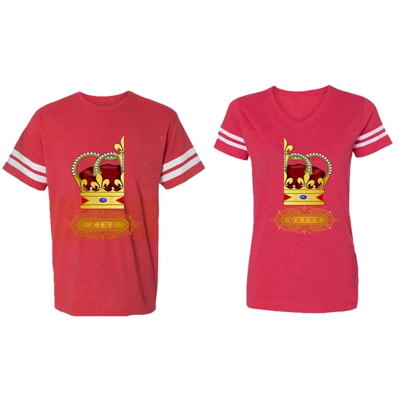 King Queen Red Gold Crown Matching Couple Cotton Jerseys (Men Red / Women Red) (Men L / Women XL)