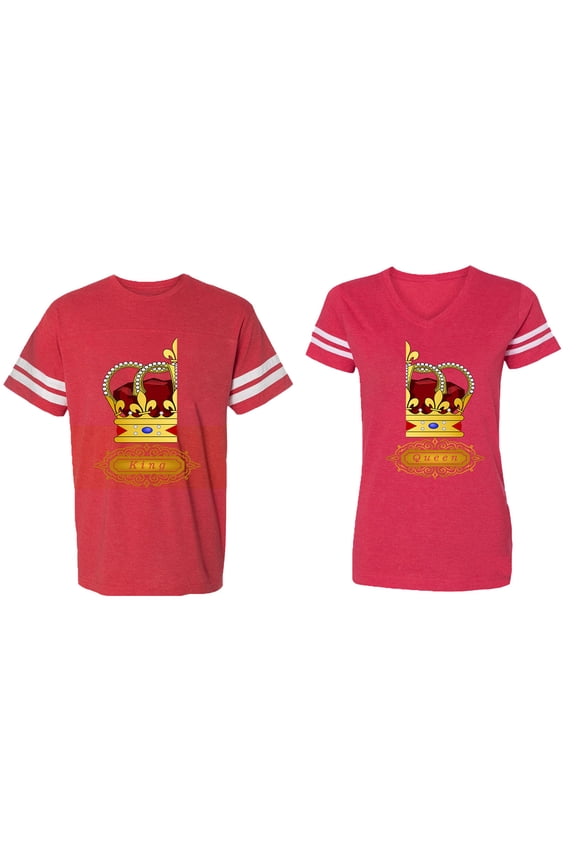 King Queen Red Gold Crown Matching Couple Cotton Jerseys (Men Red / Women Red) (Men XXL / Women XXL)