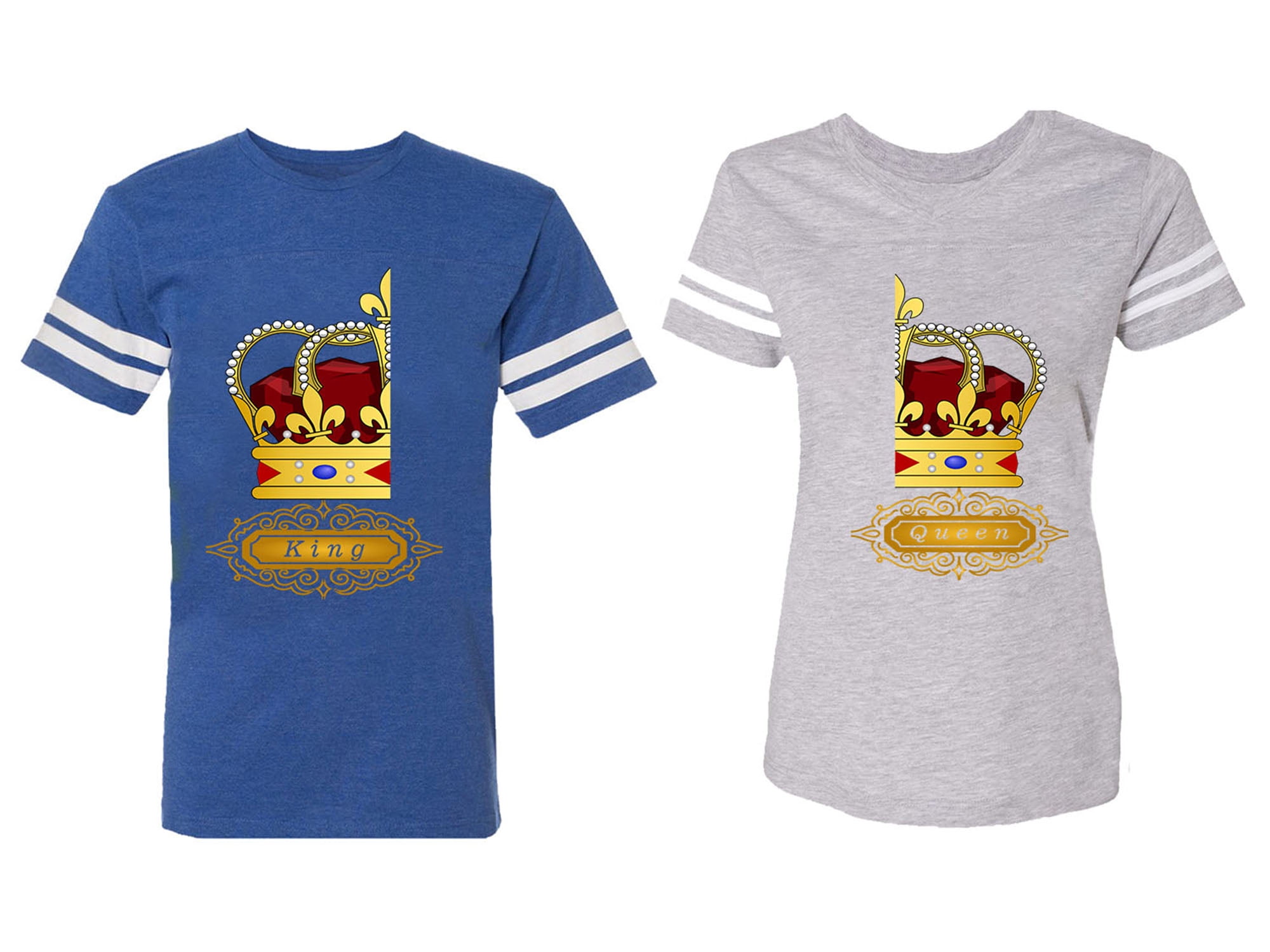 King Queen Red Gold Crown Matching Couple Cotton Jerseys (Men Royal