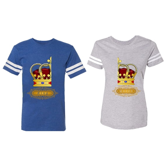 King Queen Red Gold Crown Matching Couple Cotton Jerseys (Men Royal / Women Heather) (Men XXL / Women XXL)
