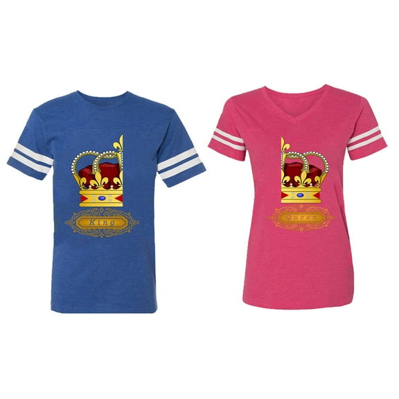 King Queen Red Gold Crown Matching Couple Cotton Jerseys (Men Royal / Women Pink) (Men M / Women M)