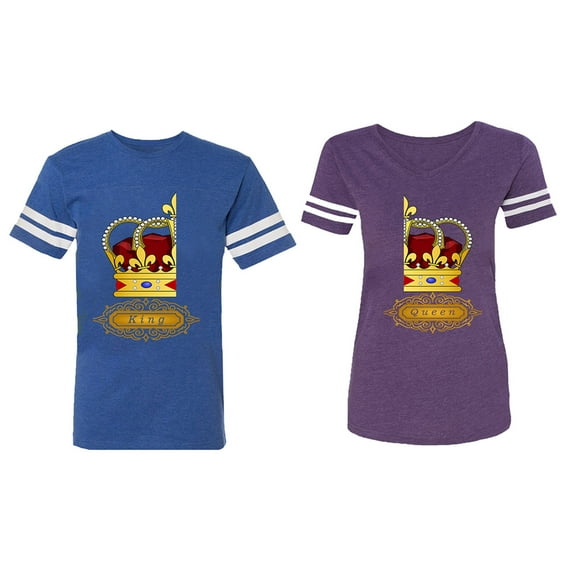 King Queen Red Gold Crown Matching Couple Cotton Jerseys (Men Royal / Women Purple) (Men S / Women L)