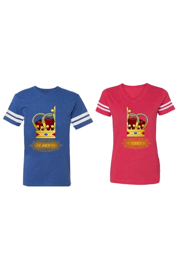 King Queen Red Gold Crown Matching Couple Cotton Jerseys (Men Royal / Women Red) (Men L / Women L)