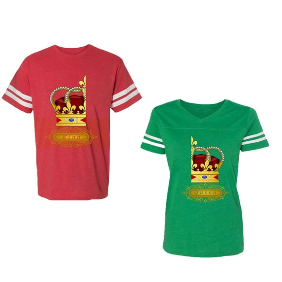 King Queen Red Gold Crown Unisex Couple Matching Cotton Jersey style T-Shirt Contrasting stripes on sleeves (Men Red / Women Green) (Men L / Women L)