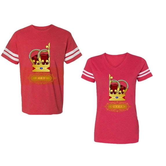 King Queen Red Gold Crown Unisex Couple Matching Cotton Jersey style T-Shirt Contrasting stripes on sleeves (Men Red / Women Red) (Men M / Women L)
