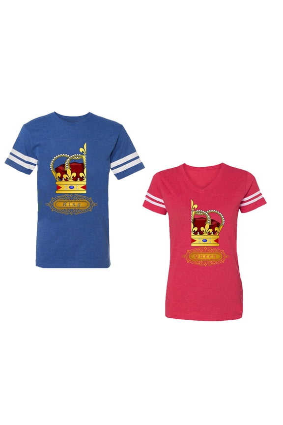 King Queen Red Gold Crown Unisex Couple Matching Cotton Jersey style T-Shirt Contrasting stripes on sleeves (Men Royal / Women Red) (Men L / Women L)