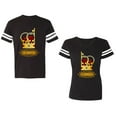 thumbnail image 1 of King Queen Red Gold Crown Unisex Couple Matching Cotton Jersey style T-Shirt Contrasting stripes on sleeves (Men Black / Women Black) (Men S / Women XL), 1 of 3