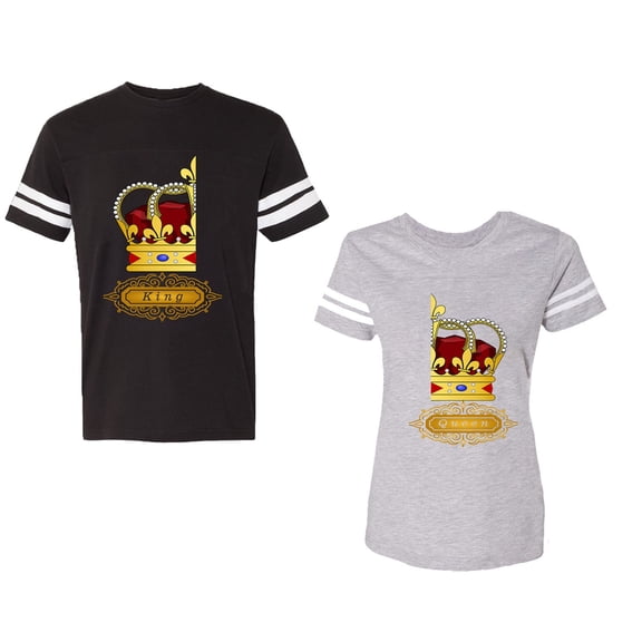 King Queen Red Gold Crown Unisex Couple Matching Cotton Jersey style T-Shirt Contrasting stripes on sleeves (Men Black / Women Heather) (Men M / Women XL)
