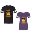 thumbnail image 1 of King Queen Red Gold Crown Unisex Couple Matching Cotton Jersey style T-Shirt Contrasting stripes on sleeves (Men Black / Women Purple) (Men M / Women S), 1 of 3