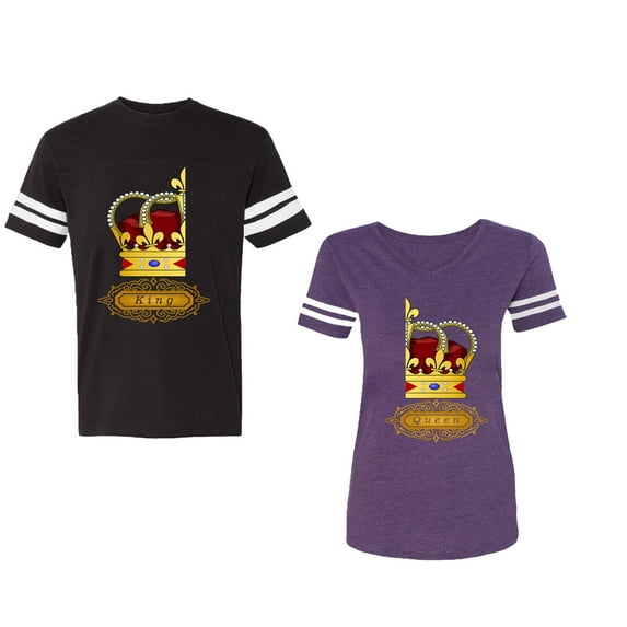 King Queen Red Gold Crown Unisex Couple Matching Cotton Jersey style T-Shirt Contrasting stripes on sleeves (Men Black / Women Purple) (Men M / Women S)