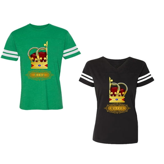 King Queen Red Gold Crown Unisex Couple Matching Cotton Jersey style T-Shirt Contrasting stripes on sleeves (Men Green / Women Black) (Men S / Women S)