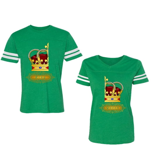 King Queen Red Gold Crown Unisex Couple Matching Cotton Jersey style T-Shirt Contrasting stripes on sleeves (Men Green / Women Green) (Men S / Women XL)