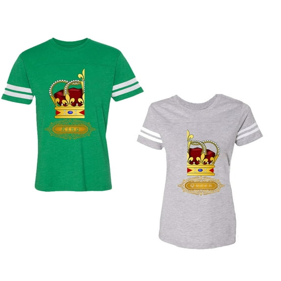 King Queen Red Gold Crown Unisex Couple Matching Cotton Jersey style T-Shirt Contrasting stripes on sleeves (Men Green / Women Heather) (Men XL / Women L)