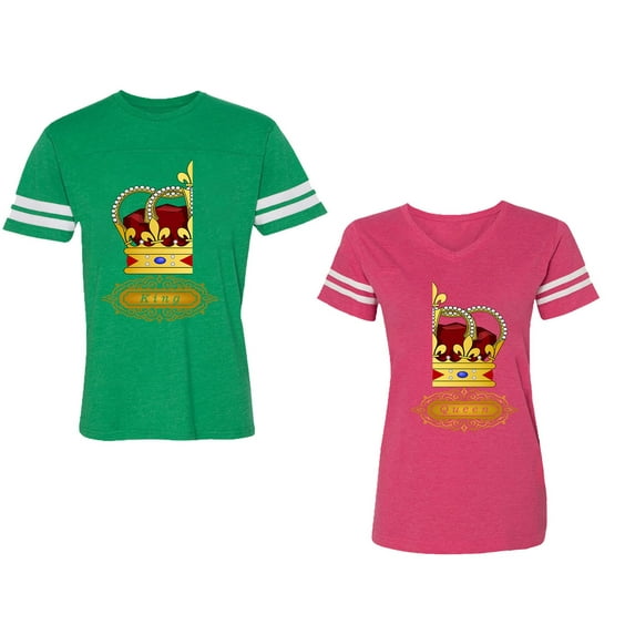 King Queen Red Gold Crown Unisex Couple Matching Cotton Jersey style T-Shirt Contrasting stripes on sleeves (Men Green / Women Pink) (Men L / Women L)