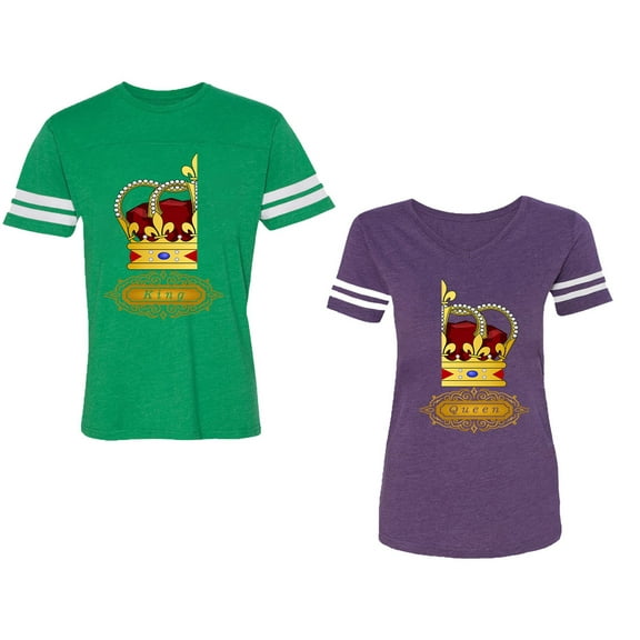 King Queen Red Gold Crown Unisex Couple Matching Cotton Jersey style T-Shirt Contrasting stripes on sleeves (Men Green / Women Purple) (Men M / Women S)
