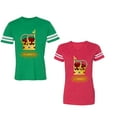 thumbnail image 1 of King Queen Red Gold Crown Unisex Couple Matching Cotton Jersey style T-Shirt Contrasting stripes on sleeves (Men Green / Women Red) (Men XL / Women XXL), 1 of 3