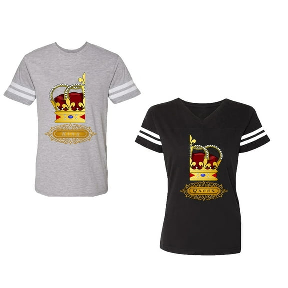 King Queen Red Gold Crown Unisex Couple Matching Cotton Jersey style T-Shirt Contrasting stripes on sleeves (Men Heather / Women Black) (Men S / Women XXL)