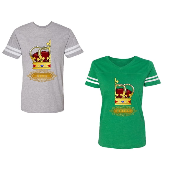 King Queen Red Gold Crown Unisex Couple Matching Cotton Jersey style T-Shirt Contrasting stripes on sleeves (Men Heather / Women Green) (Men M / Women M)