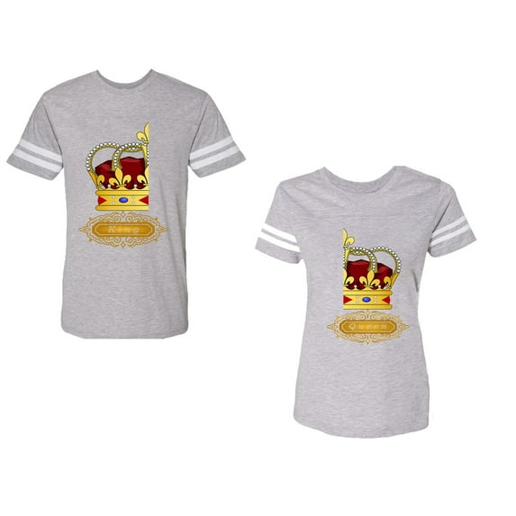 King Queen Red Gold Crown Unisex Couple Matching Cotton Jersey style T-Shirt Contrasting stripes on sleeves (Men Heather / Women Heather) (Men L / Women XL)