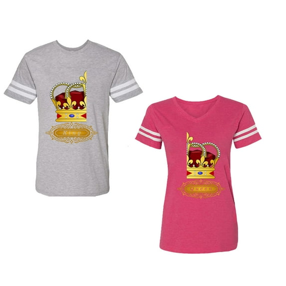 King Queen Red Gold Crown Unisex Couple Matching Cotton Jersey style T-Shirt Contrasting stripes on sleeves (Men Heather / Women Pink) (Men S / Women L)