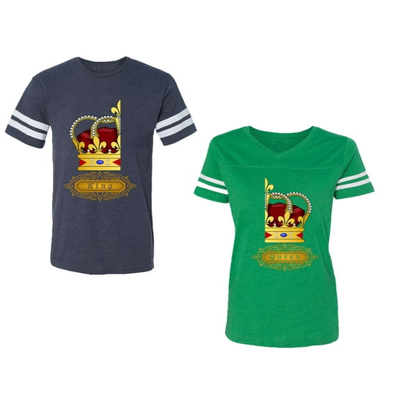 King Queen Red Gold Crown Unisex Couple Matching Cotton Jersey style T-Shirt Contrasting stripes on sleeves (Men Navy / Women Green) (Men M / Women M)
