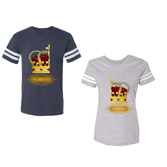King Queen Red Gold Crown Unisex Couple Matching Cotton Jersey style T-Shirt Contrasting stripes on sleeves (Men Navy / Women Heather) (Men S / Women S)