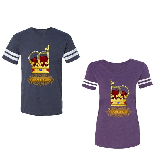 King Queen Red Gold Crown Unisex Couple Matching Cotton Jersey style T-Shirt Contrasting stripes on sleeves (Men Navy / Women Purple) (Men L / Women XXL)