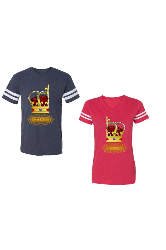 King Queen Red Gold Crown Unisex Couple Matching Cotton Jersey style T-Shirt Contrasting stripes on sleeves (Men Navy / Women Red) (Men XL / Women XL)
