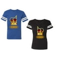 thumbnail image 1 of King Queen Red Gold Crown Unisex Couple Matching Cotton Jersey style T-Shirt Contrasting stripes on sleeves (Men Royal / Women Black) (Men XXL / Women S), 1 of 3