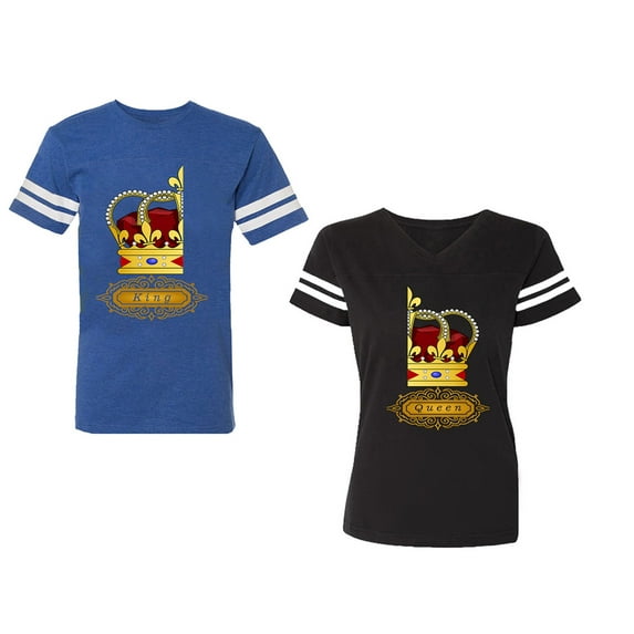 King Queen Red Gold Crown Unisex Couple Matching Cotton Jersey style T-Shirt Contrasting stripes on sleeves (Men Royal / Women Black) (Men XXL / Women S)