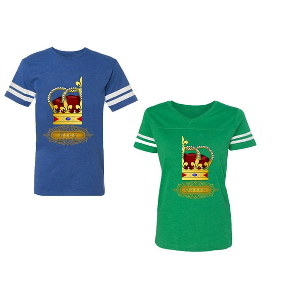 King Queen Red Gold Crown Unisex Couple Matching Cotton Jersey style T-Shirt Contrasting stripes on sleeves (Men Royal / Women Green) (Men XXL / Women M)