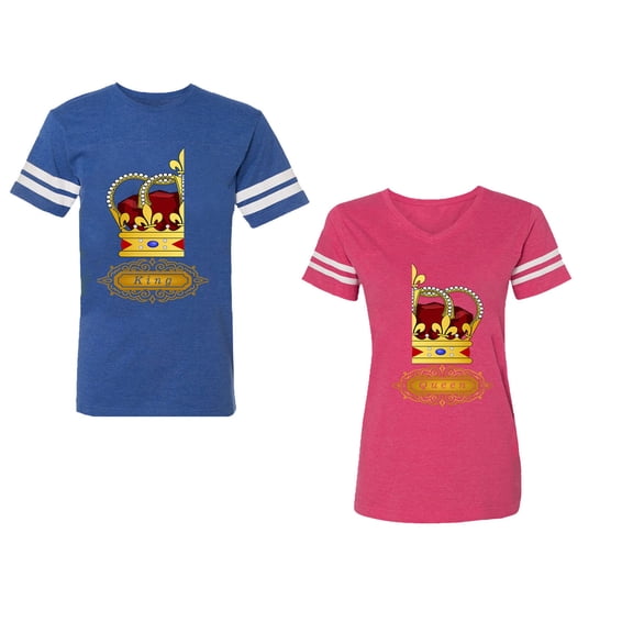 King Queen Red Gold Crown Unisex Couple Matching Cotton Jersey style T-Shirt Contrasting stripes on sleeves (Men Royal / Women Pink) (Men M / Women XXL)
