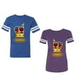 thumbnail image 1 of King Queen Red Gold Crown Unisex Couple Matching Cotton Jersey style T-Shirt Contrasting stripes on sleeves (Men Royal / Women Purple) (Men M / Women L), 1 of 3