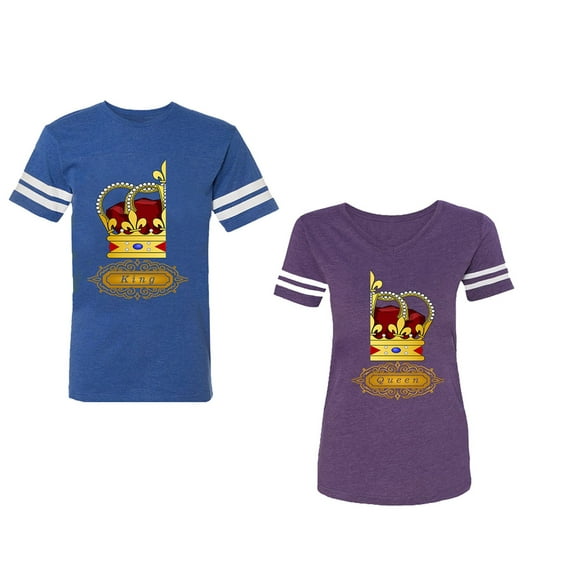King Queen Red Gold Crown Unisex Couple Matching Cotton Jersey style T-Shirt Contrasting stripes on sleeves (Men Royal / Women Purple) (Men S / Women XXL)