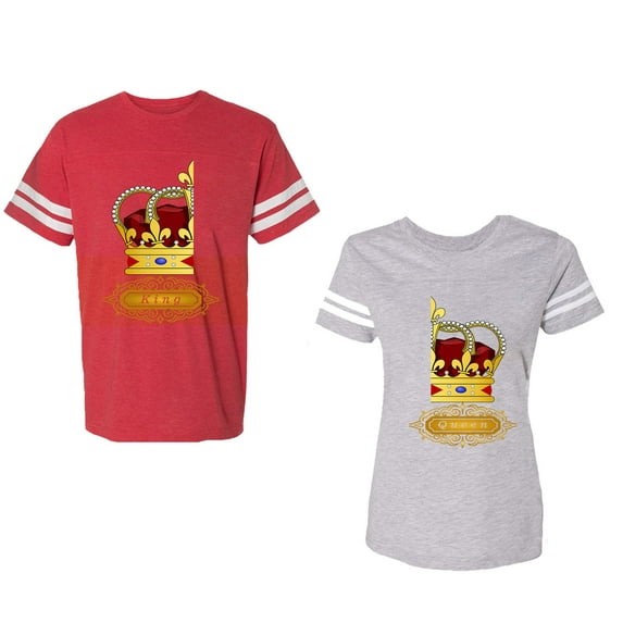 King Queen Red Gold Crown Unisex Couple Matching Cotton Jersey style T-Shirt Contrasting stripes on sleeves (Men Red / Women Heather) (Men S / Women XL)
