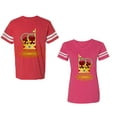 thumbnail image 1 of King Queen Red Gold Crown Unisex Couple Matching Cotton Jersey style T-Shirt Contrasting stripes on sleeves (Men Red / Women Pink) (Men L / Women XXL), 1 of 3