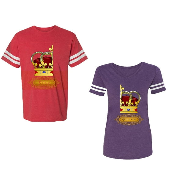 King Queen Red Gold Crown Unisex Couple Matching Cotton Jersey style T-Shirt Contrasting stripes on sleeves (Men Red / Women Purple) (Men XXXL / Women XXL)
