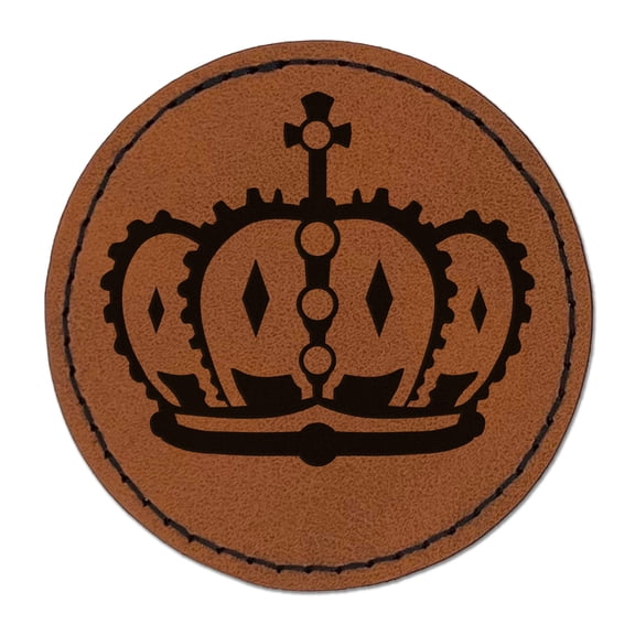 King Queen Royal Crown 2.5" Faux Leather Round Engraved Iron-On Patch - Brown