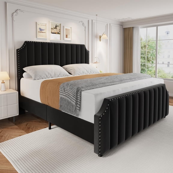 King/Queen Size Bed Frame, Upholstered Platform Bed with Tall Headboard, Velvet Vertical Channel Tufting & Nailhead Trim, No Box Spring Needed, Easy Assembly