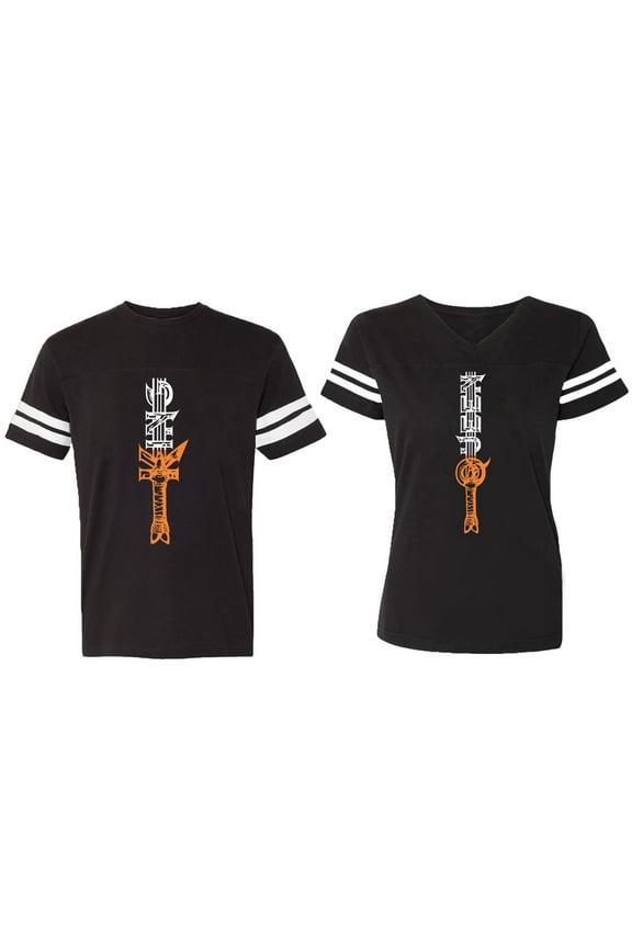 King Queen Sword Matching Couple Cotton Jerseys (Men Black / Women Black) (Men S / Women S)